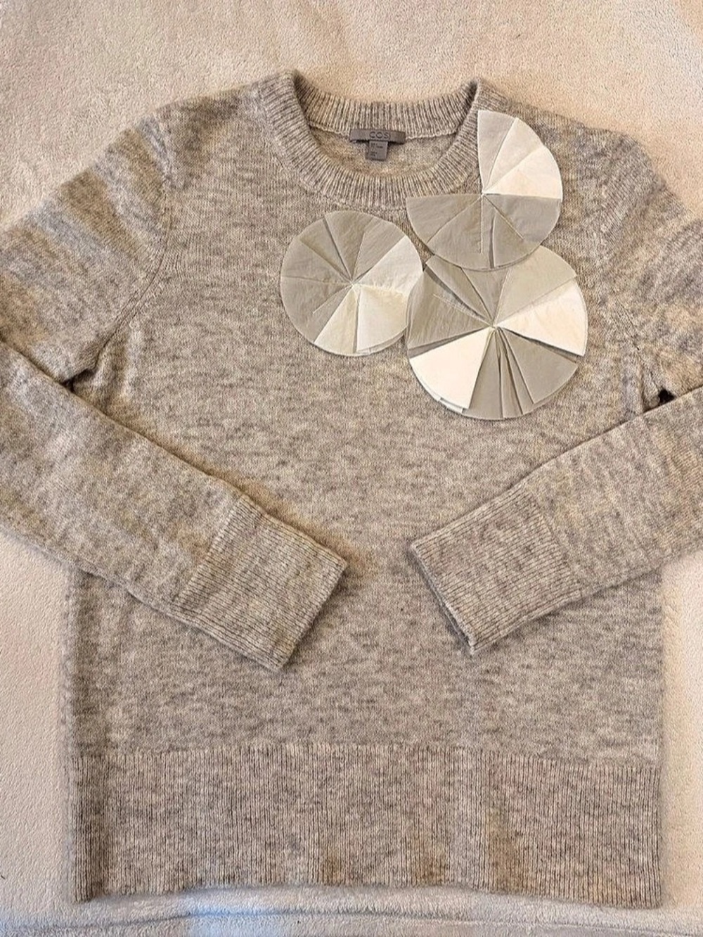 COS Light Gray Alpaca Wool Blend Organza Circles Applique Sweater Sz S